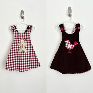 Vintage Reversible Apron Girl Dress with Matching Pin Toddler Checkered Plaid